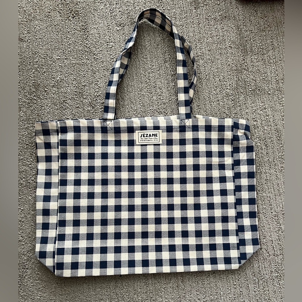 Sezane- NEW Blue and White Checkered Tote Bag